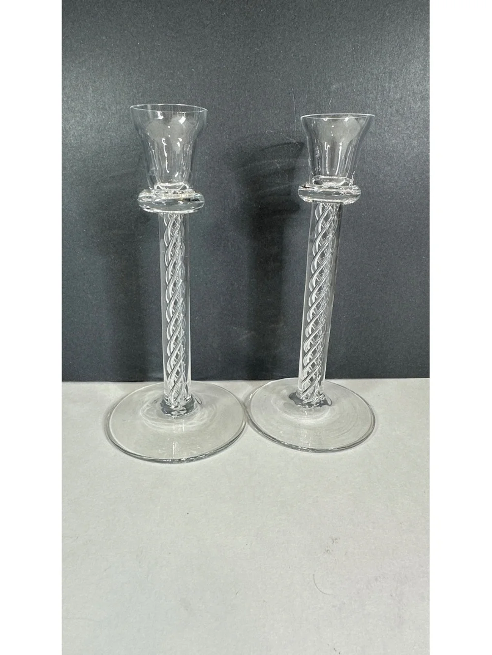 Pair Kosta Boda Air Twist Double Helix Stem Crystal Candleholders 7” Swedish